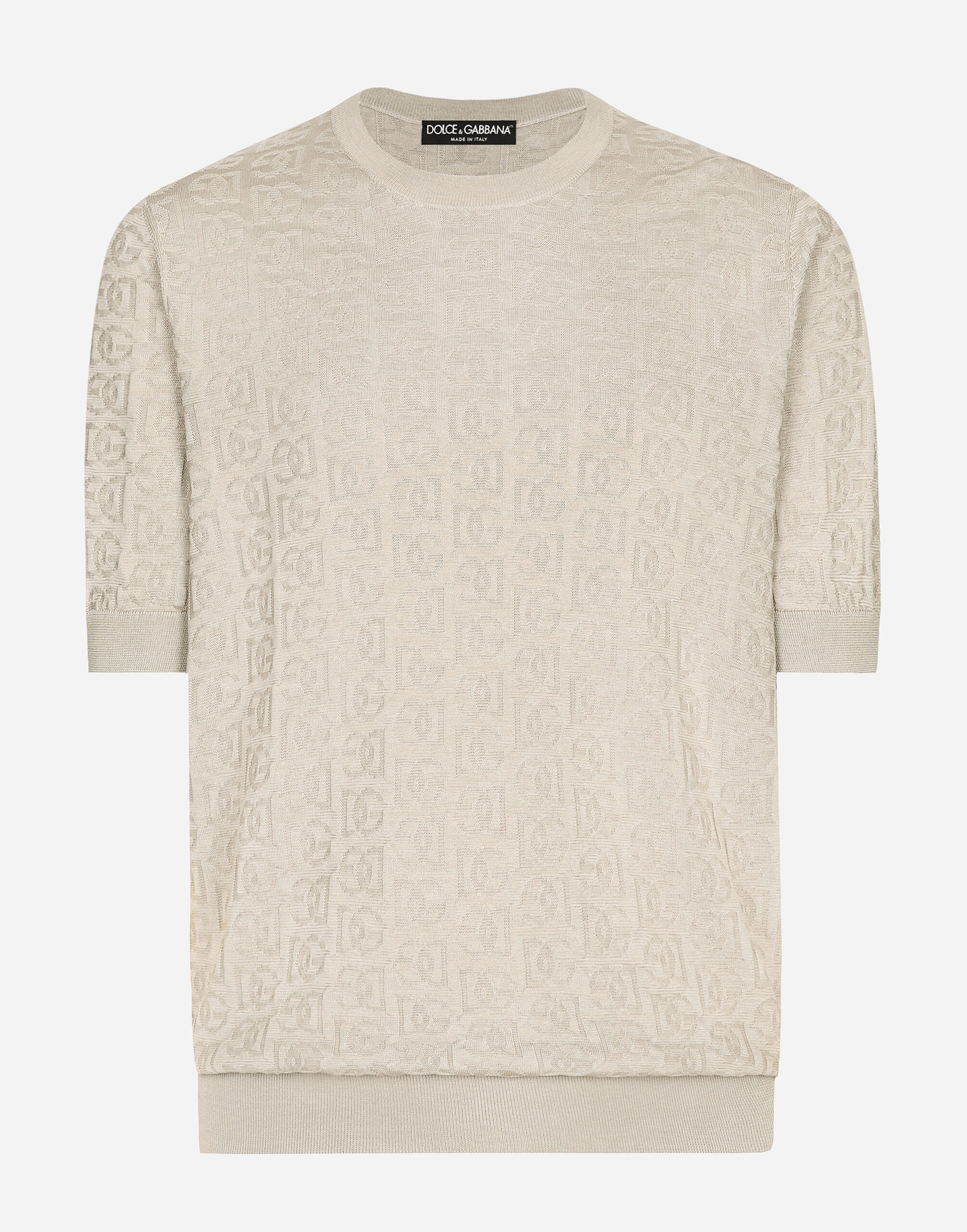 Silk jacquard round-neck sweater with DG logo in Beige for Men