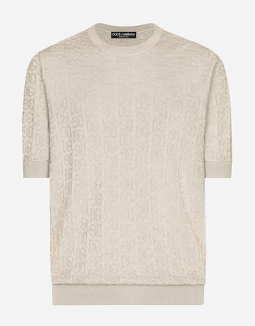 Dolce & Gabbana Silk jacquard round-neck sweater with DG logo Beige GXX03TJBSKE