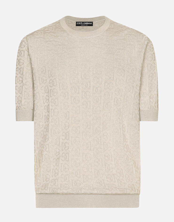 Dolce & Gabbana Silk jacquard round-neck sweater with DG logo Beige GXX03TJBSKE