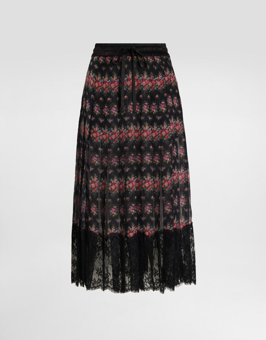 Small flower bouquets-print pleated chiffon skirt