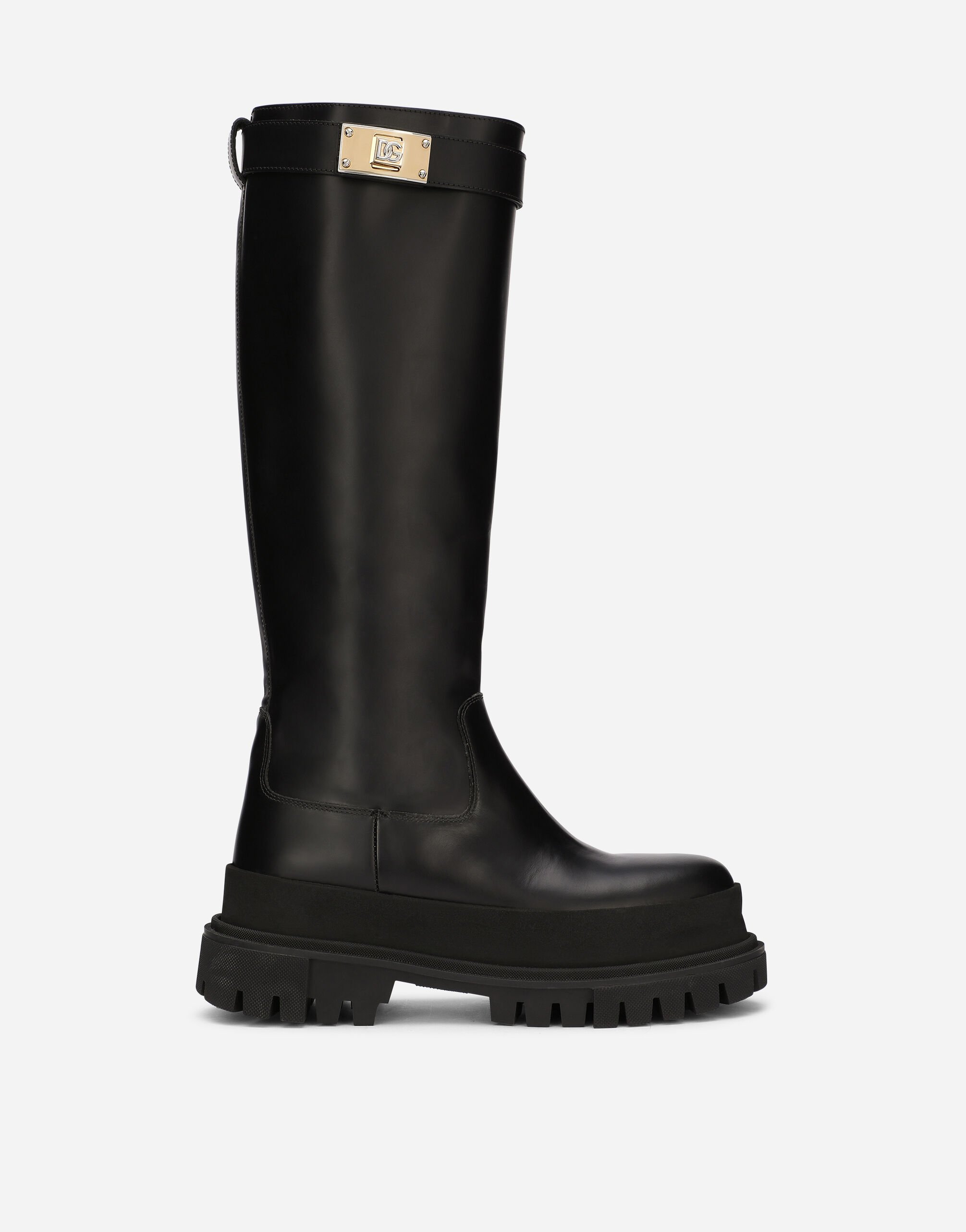 Dolce&Gabbana Calfskin boots with branded strap Black CU1067AQ513