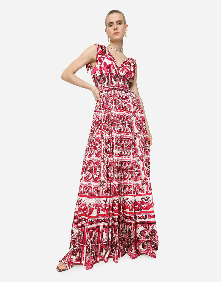 Dolce&Gabbana Vestido largo de popelina con estampado Maiolica Multicolor F6ADOTHH5AP