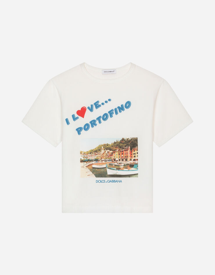 Dolce & Gabbana T-Shirt aus Jersey Print I love Portofino Mehrfarbig L4JT7LG7I8S