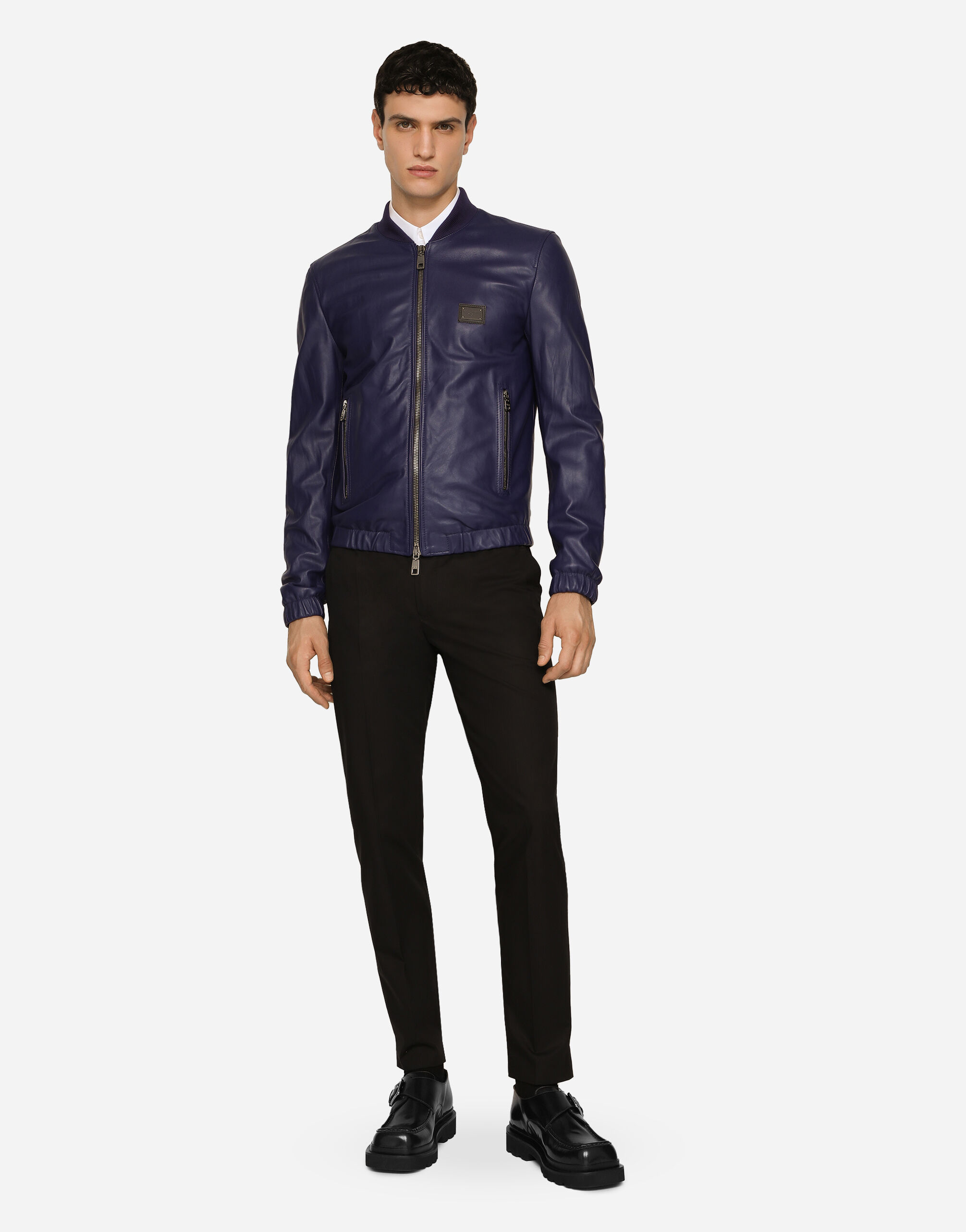 Leather jacket with branded tag in Blue for Dolce Gabbana US