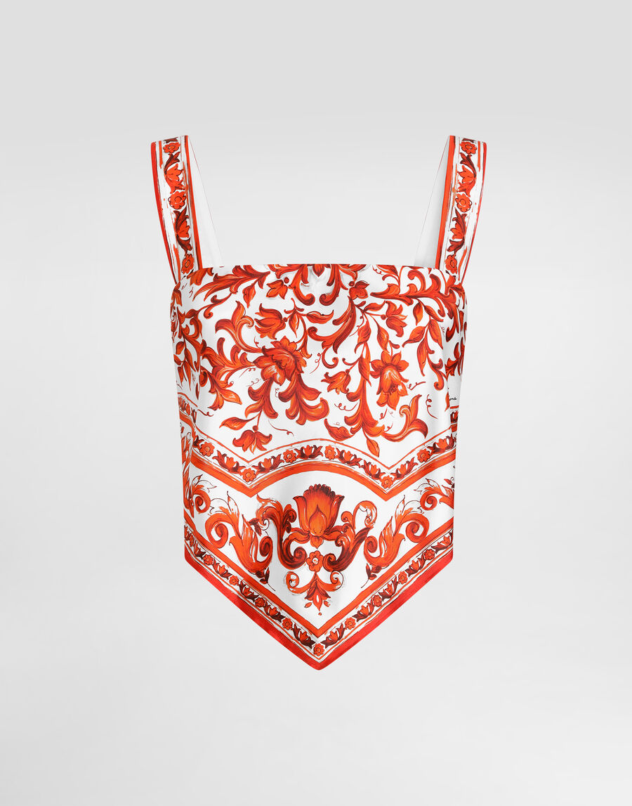 Majolica-print silk twill bustier top