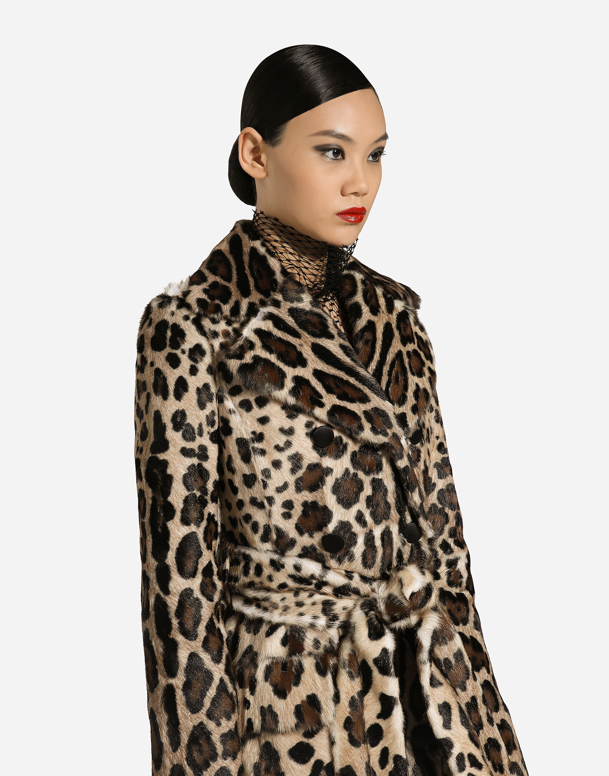 Double breasted leopard print goatskin coat with belt in Multicolor for Women Dolce Gabbana