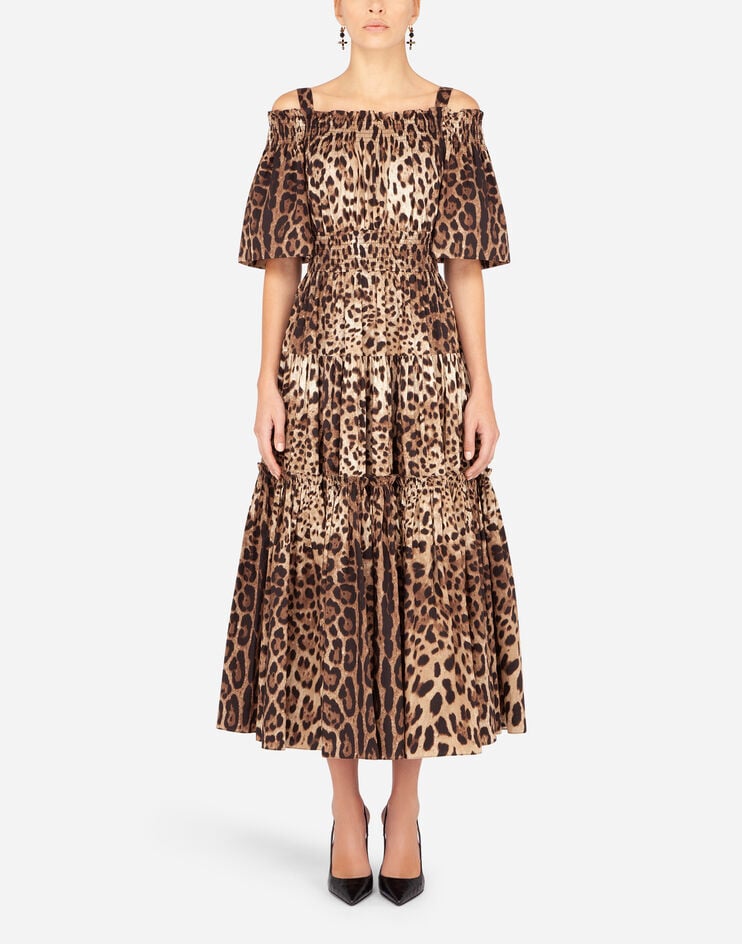 Long leopard-print poplin dress in Multicolor for Women