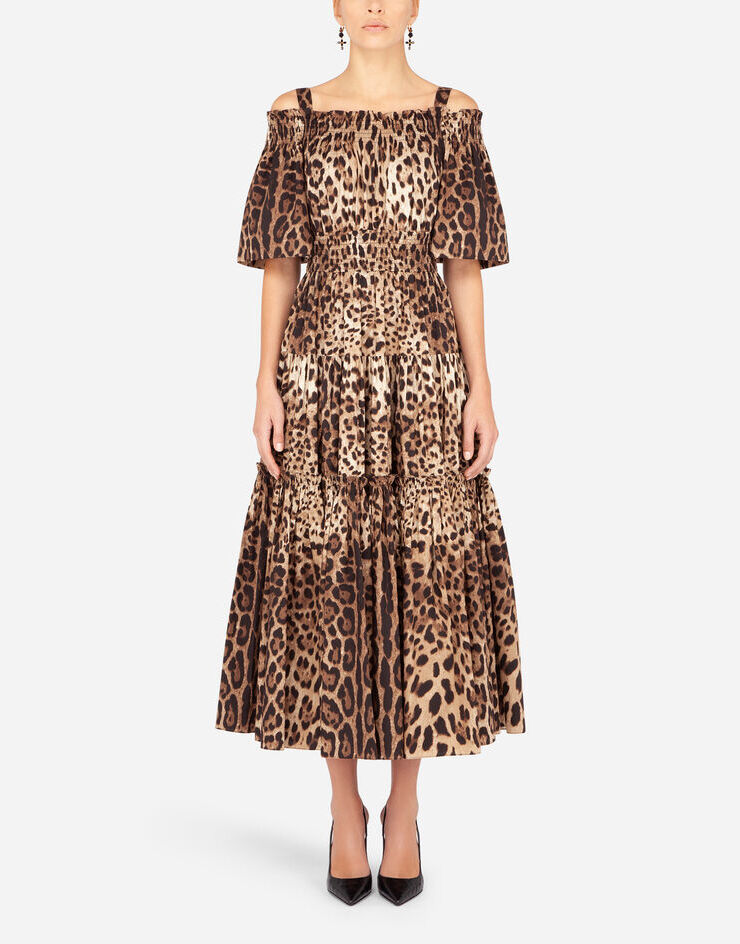 Dolce & Gabbana Abito lungo in popeline stampa leopardo Multicolore F68E1THS5E3