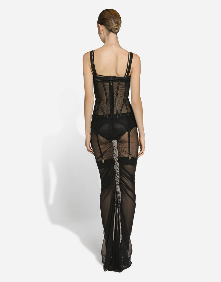 Dolce & Gabbana Robe longue avec détails bustier en tulle Noir F6DJMTFLRDA