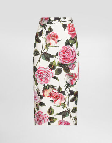 Dolce & Gabbana Longuette-Rock aus Baumwolljacquard Rosenprint Drucken F4CVPTFSRQJ