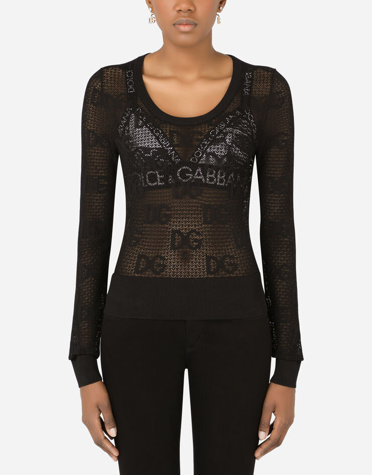 Dolce & Gabbana Long-sleeved lace-stitch sweater with DG logo Black FXD69TJAIEK