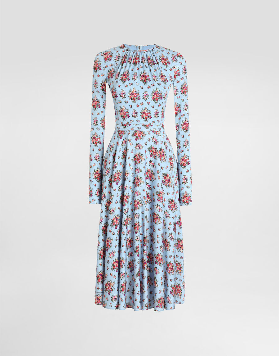 Small flower bouquets-print long charmeuse dress
