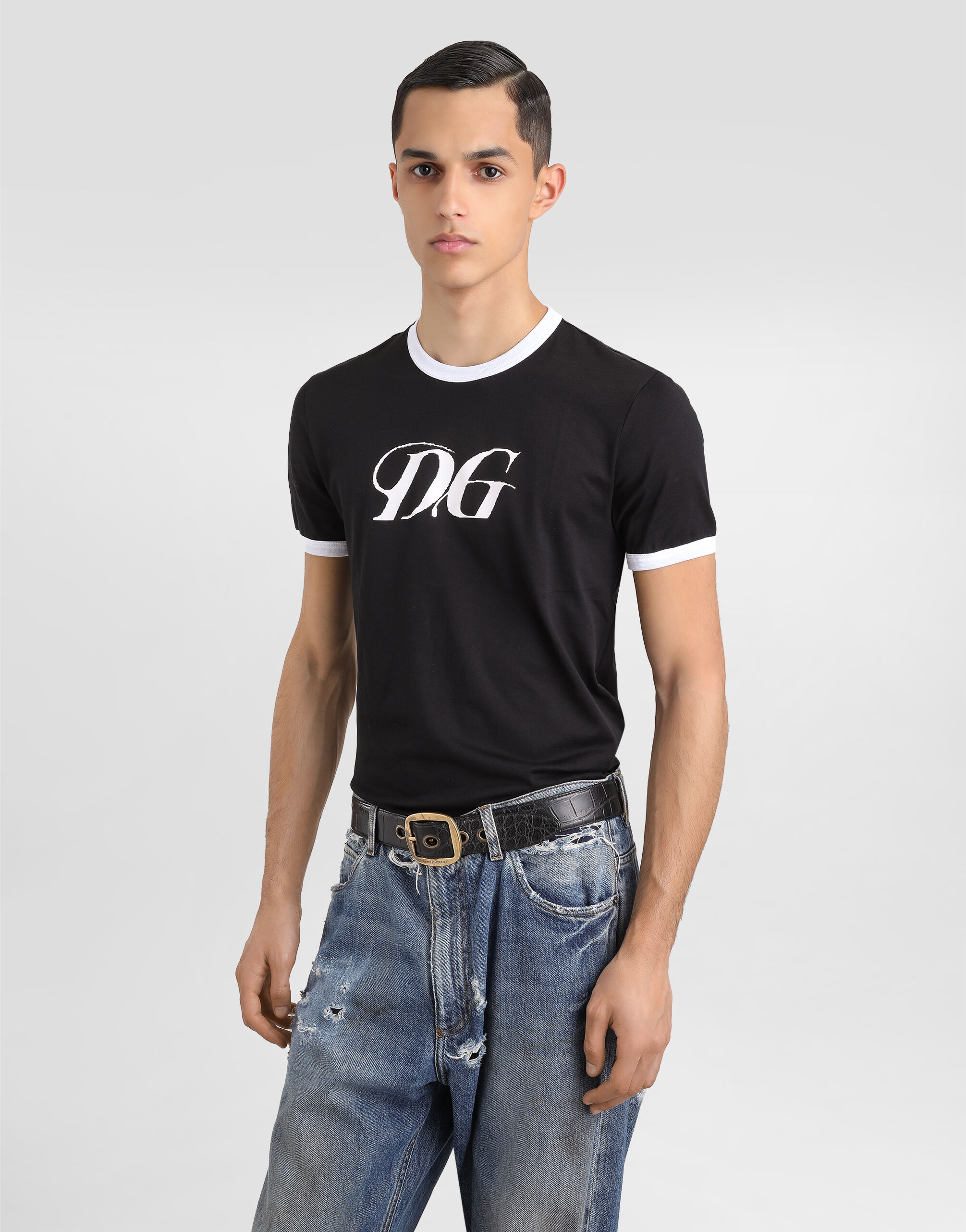 Tシャツ・カットソー Dolce & Gabbana Black Cotton T-Shirt With Contrast Details Cotton T-shirt with embroidery in Multicolor for Men