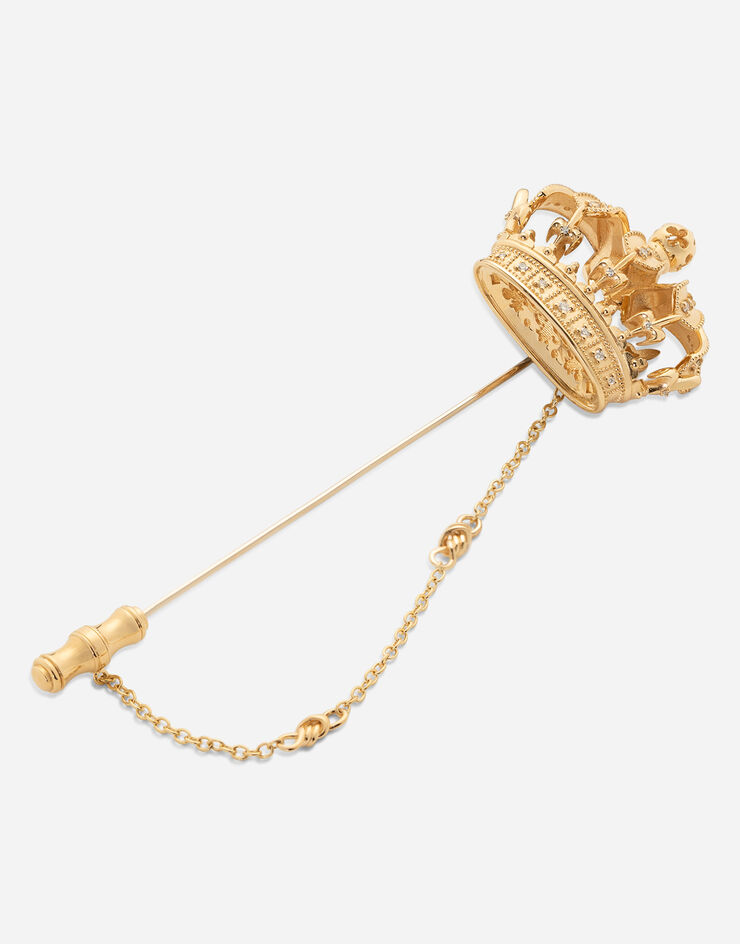 Crown stick pin brooch in yellow and white gold with curly gold thread  embellishments and sphere in Gold for