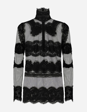 Dolce & Gabbana Top de cuello alto en tul con aplicaciones de encaje Negro BB6002AI413