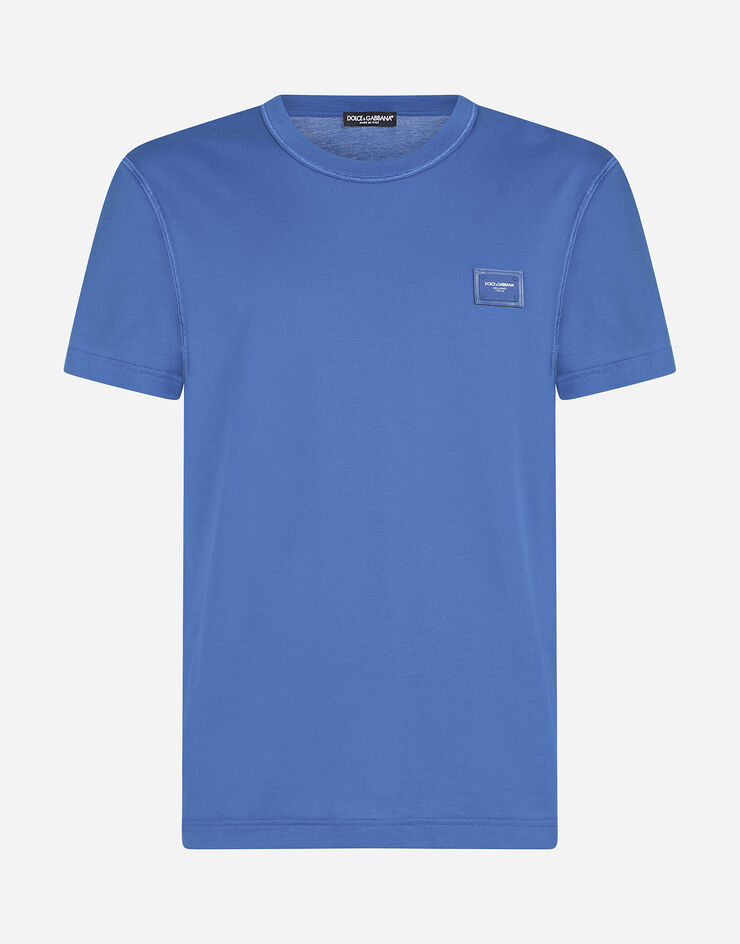 Dolce & Gabbana Cotton t-shirt with logoed plaque Turquoise G8KJ9TFU7EQ