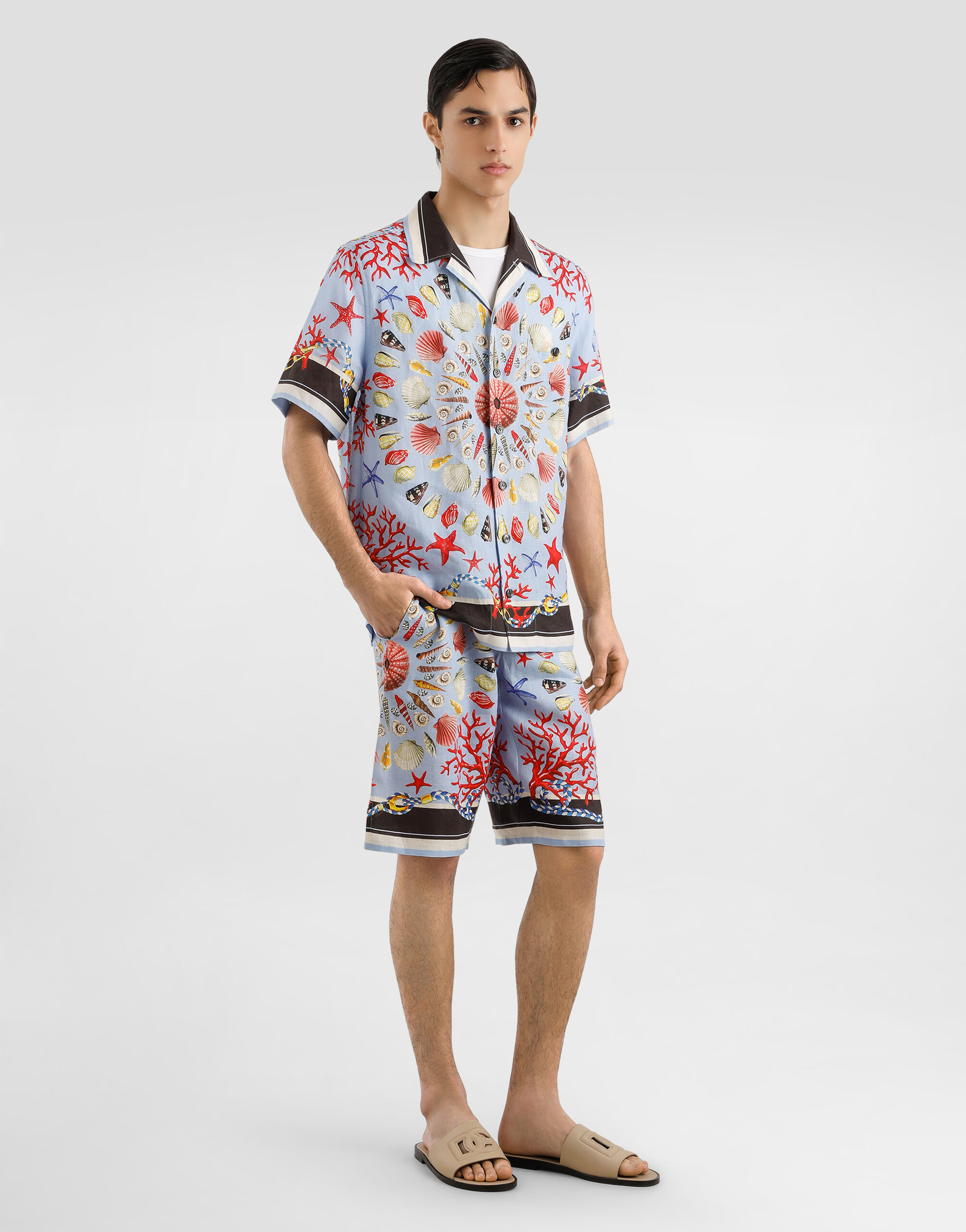 Shell-print hawaii linen canvas shirt in Multicolor for Men