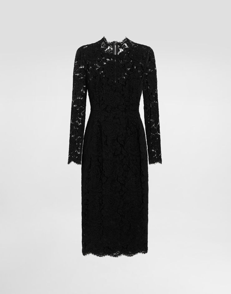 Dolce & Gabbana Longuette-Langarmkleid aus elastischer Spitze mit Logo Schwarz F6M0DTFLRE1
