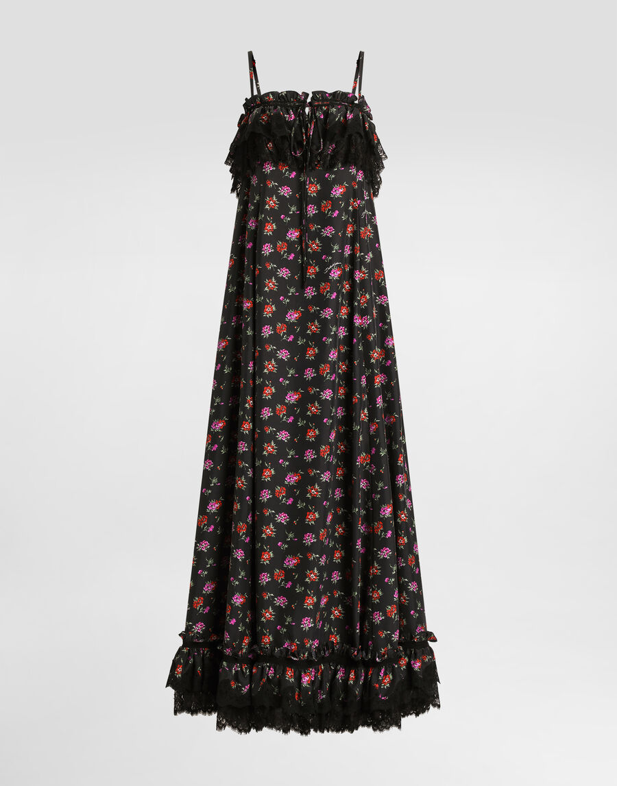 Floral-print habotai long dress