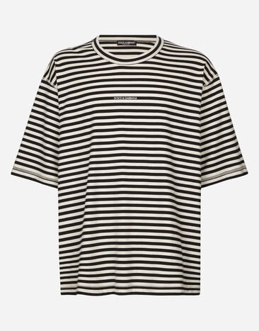 Dolce & Gabbana Gestreiftes Kurzarm-T-Shirt mit Logo Weiss G2QS6TFR4A4