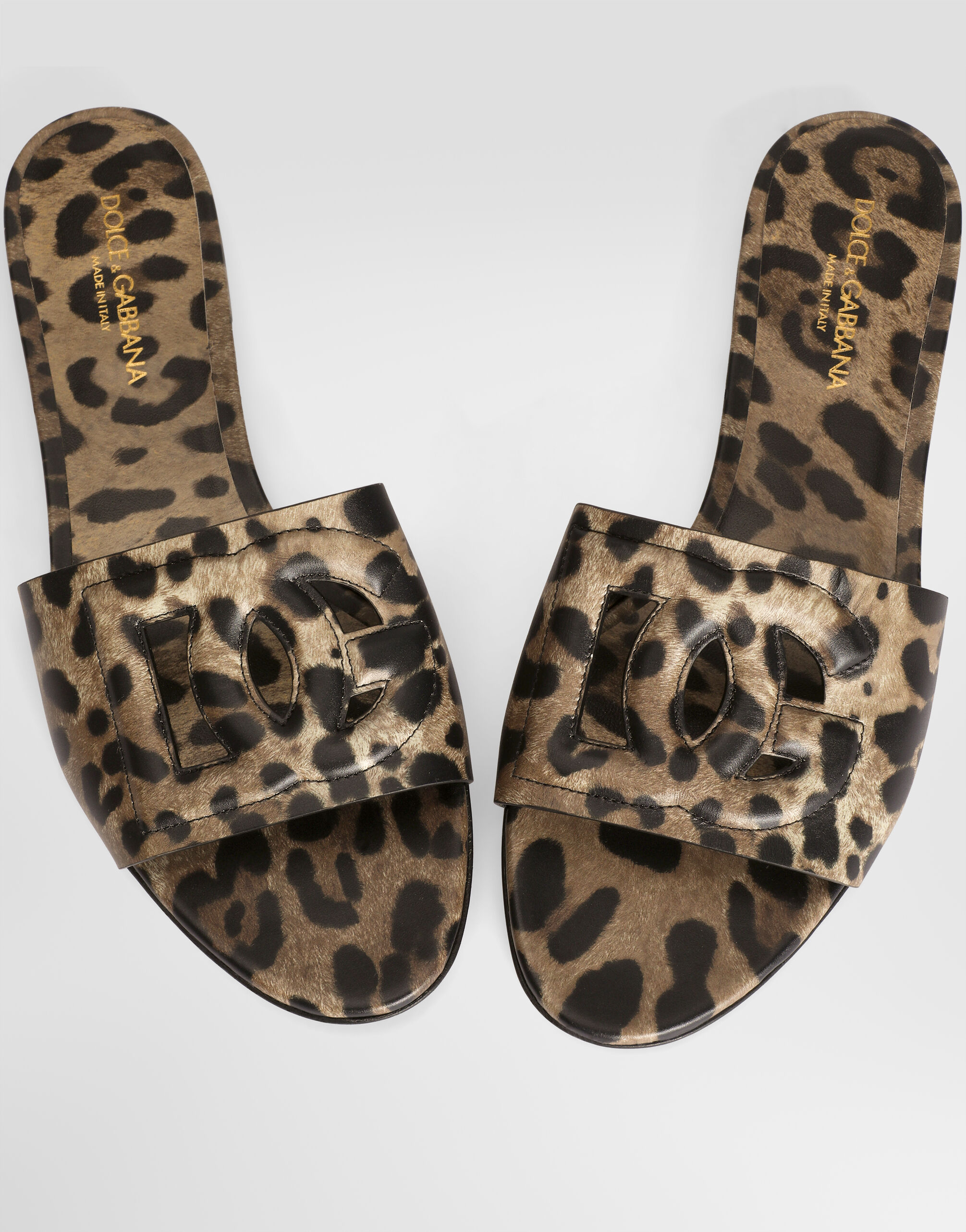 Leo-print calfskin flat slides in Print for Women | Dolce&Gabbana® US