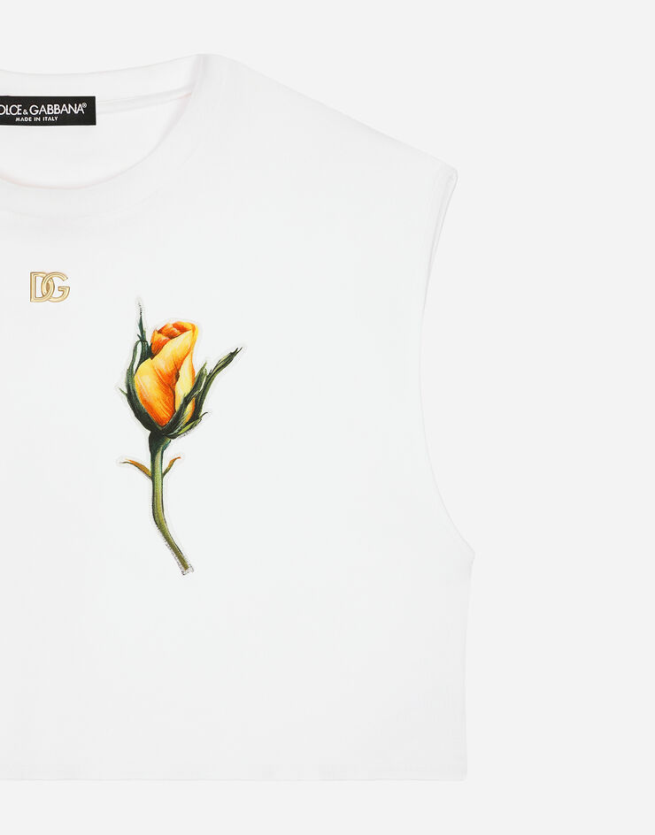 Dolce & Gabbana T-shirt cropped in jersey con logo DG e ricamo rosa patch Bianco F8U68ZG7G9A
