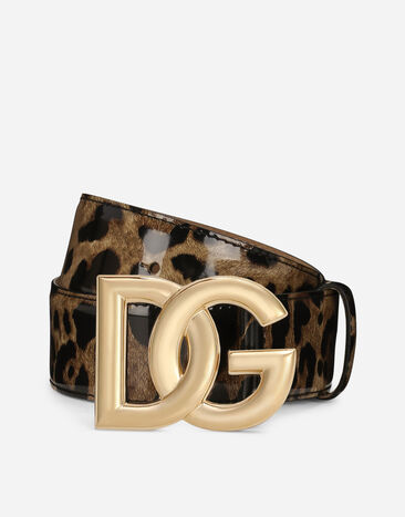 Dolce & Gabbana  Leopard-print glossy calfskin belt with DG logo Black FB404AGDC2P