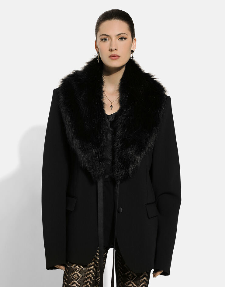Dolce & Gabbana Jacke aus Wolle mit Kunstpelzkragen Schwarz F29ZXTFUBF1