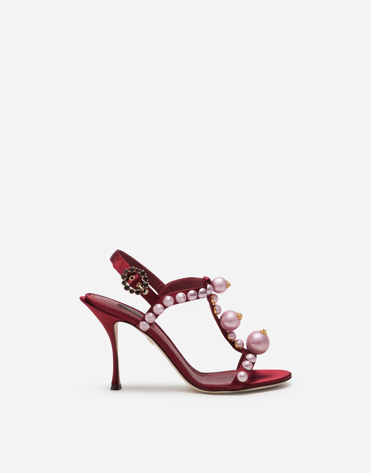 Dolce & Gabbana BEJEWELED SATIN SANDALS WITH PEARL EMBROIDERY BURGUNDY CR0887AJ695