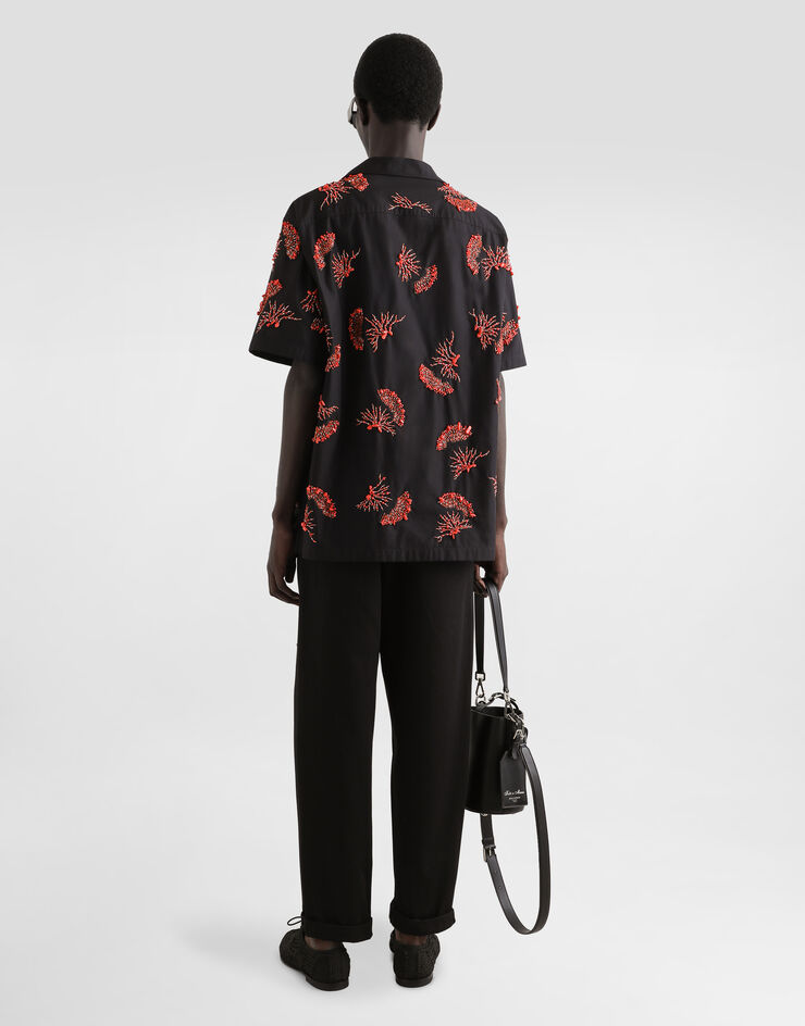 Dolce & Gabbana Camisa de manga corta de algodón con bordado de corales Negro G5JH9ZFU6X8