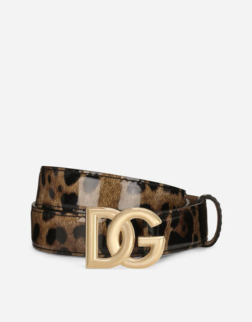 Dolce & Gabbana  Leopard-print glossy calfskin belt with DG logo Black FB404AGDC2P