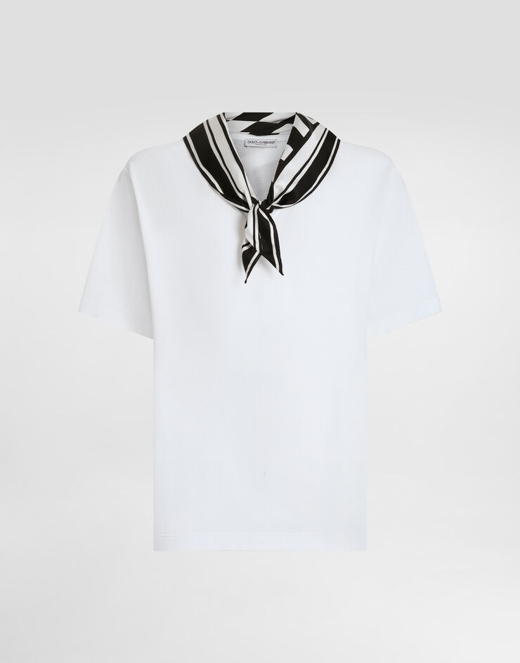 Dolce & Gabbana Short-sleeved jersey T-shirt with silk scarf neck White G8SR8TG7O8E