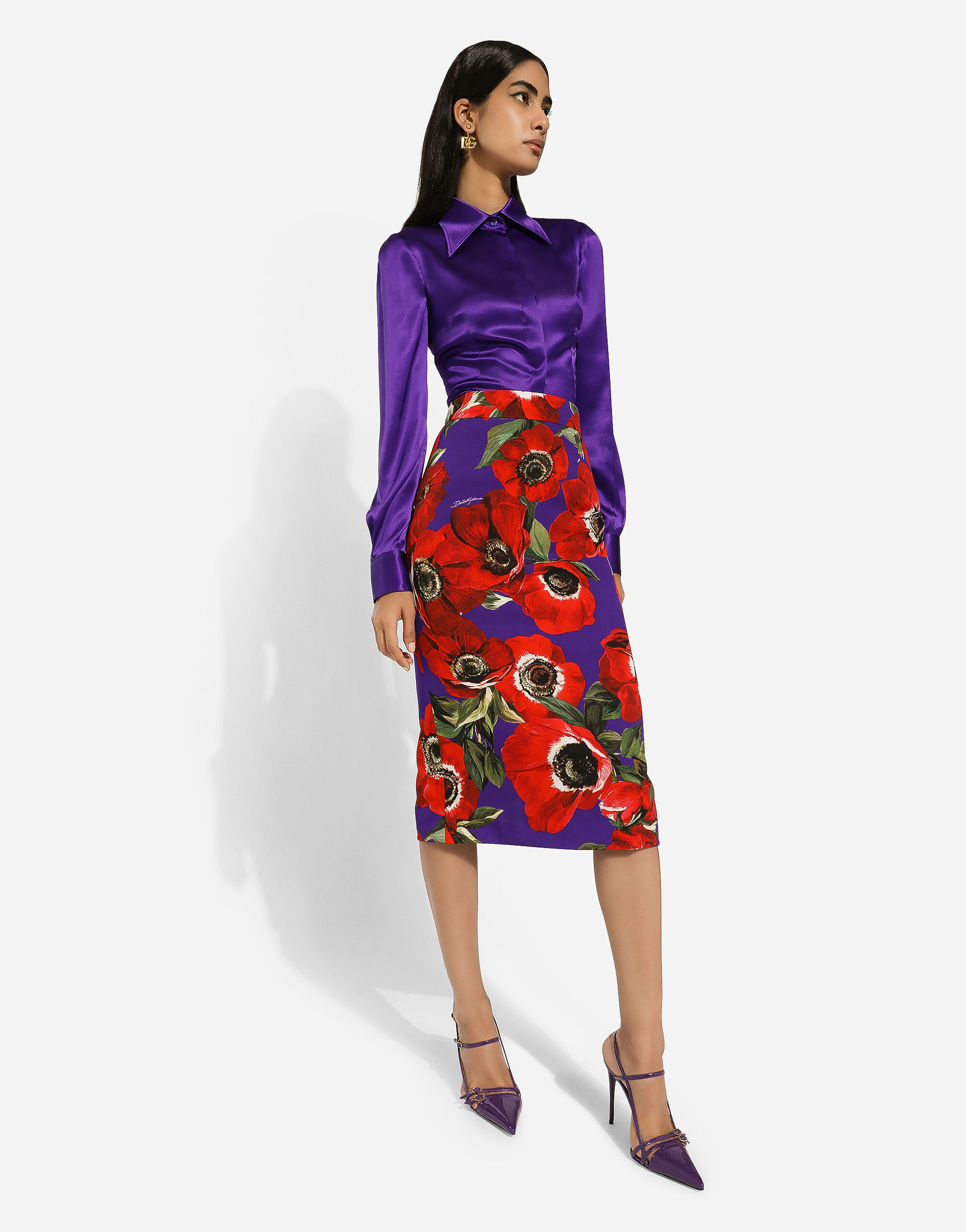 Charmeuse calf length skirt with anemone print in Print for Women Dolce Gabbana