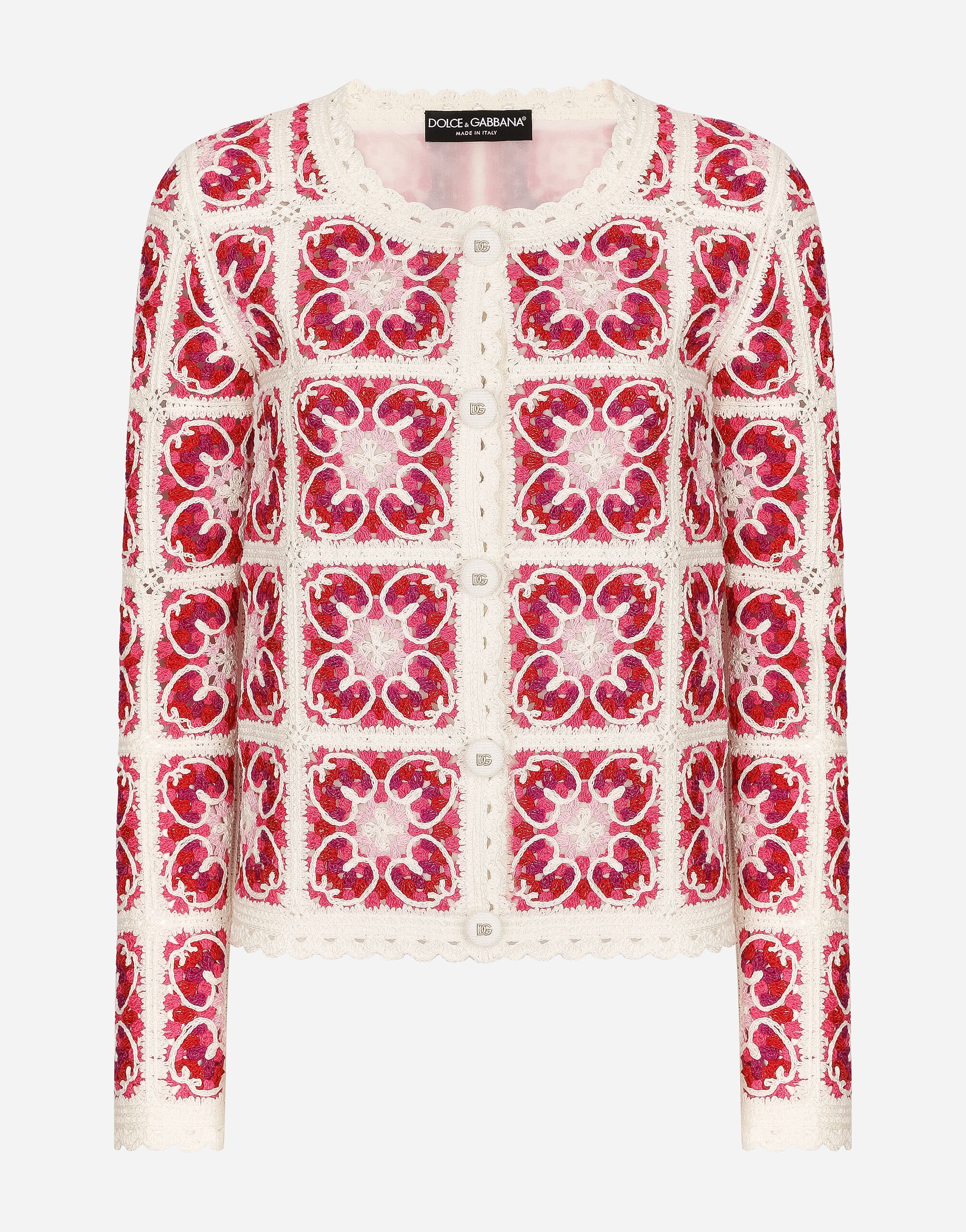Dolce & Gabbana Brick-stitched crochet cardigan with Majolica print Pink F79DATFMMHN