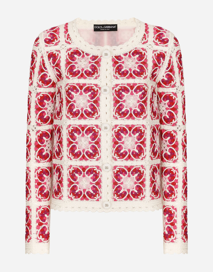 Dolce & Gabbana Brick-stitched crochet cardigan with Majolica print Multicolor FXL49ZJBCAV