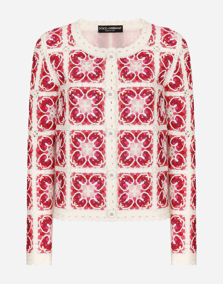 Brick-stitched crochet cardigan with Majolica print in Multicolor 