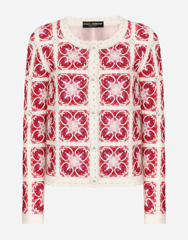 Dolce & Gabbana Brick-stitched crochet cardigan with Majolica print Pink F79DATFMMHN