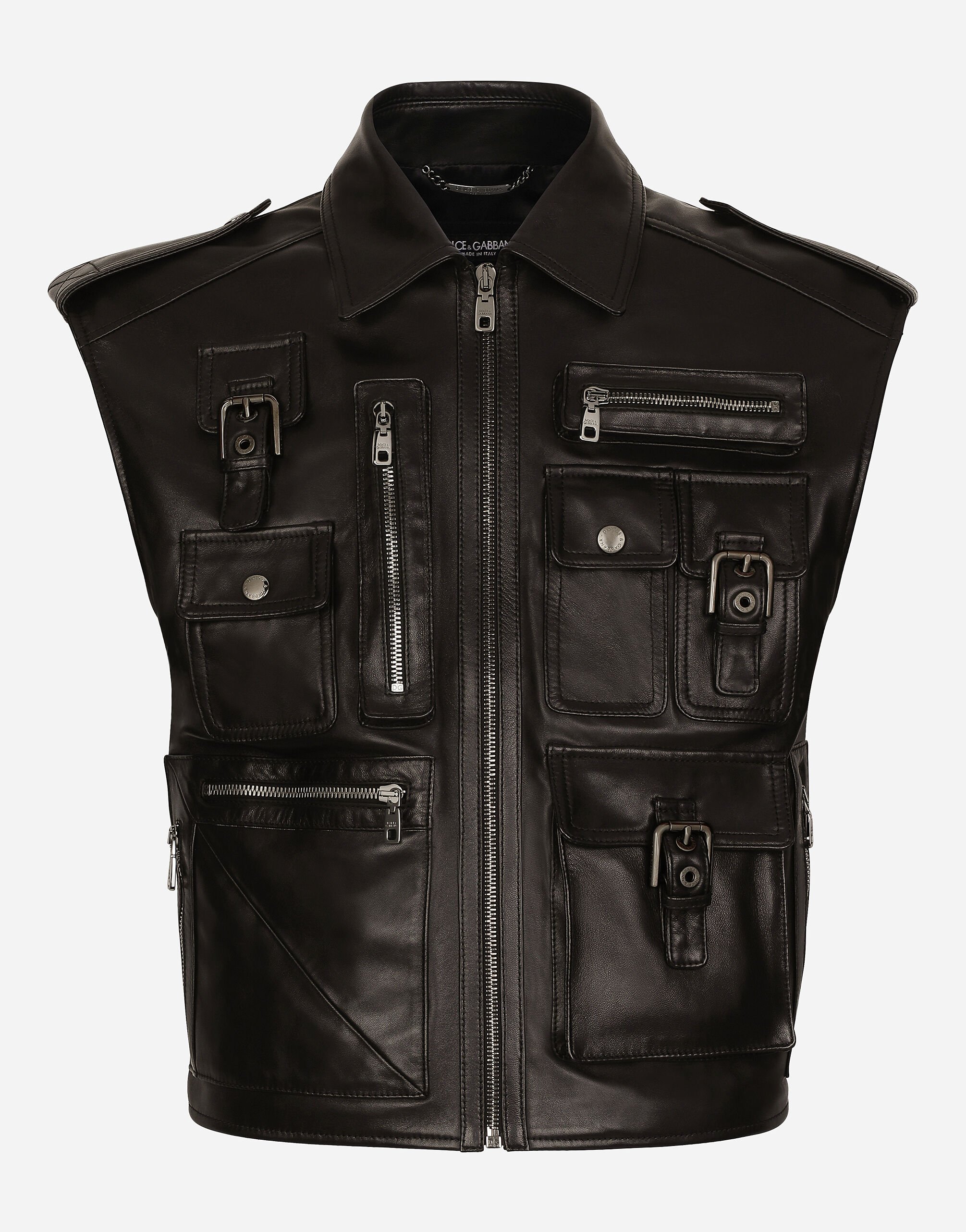Dolce & Gabbana Leather vest with multiple pockets Blue G9AXYTGH666