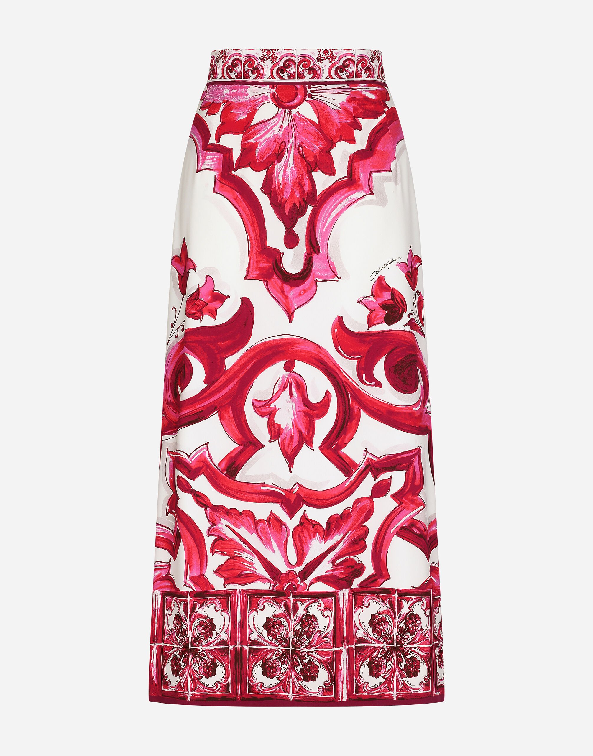 Dolce&Gabbana Falda longuette de charmeuse con estampado Maiolica con abertura Multicolor F8R52TFSG54