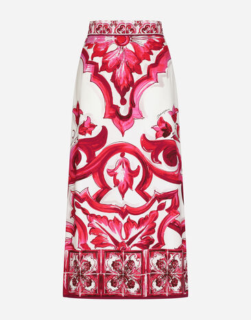 Dolce&Gabbana 슬릿 디테일 마욜리카 프린트 샤르뫼즈 미드카프 스커트 멀티 컬러 F7U70THH5AX