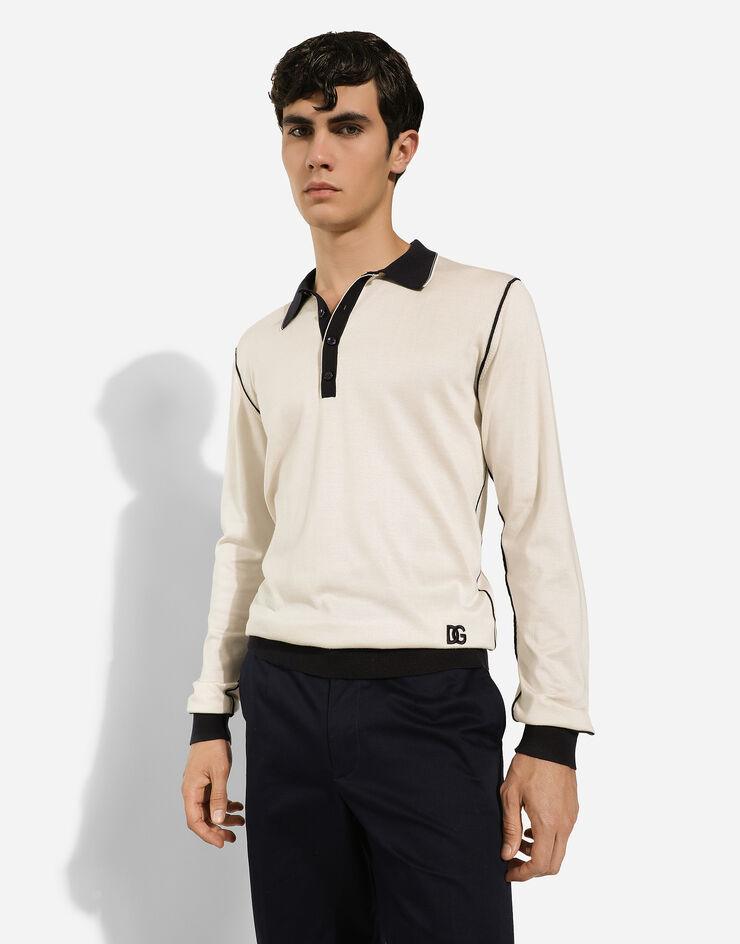 Dolce & Gabbana قميص بولو حريري بأكمام طويلة أبيض GXZ07ZJBSG2