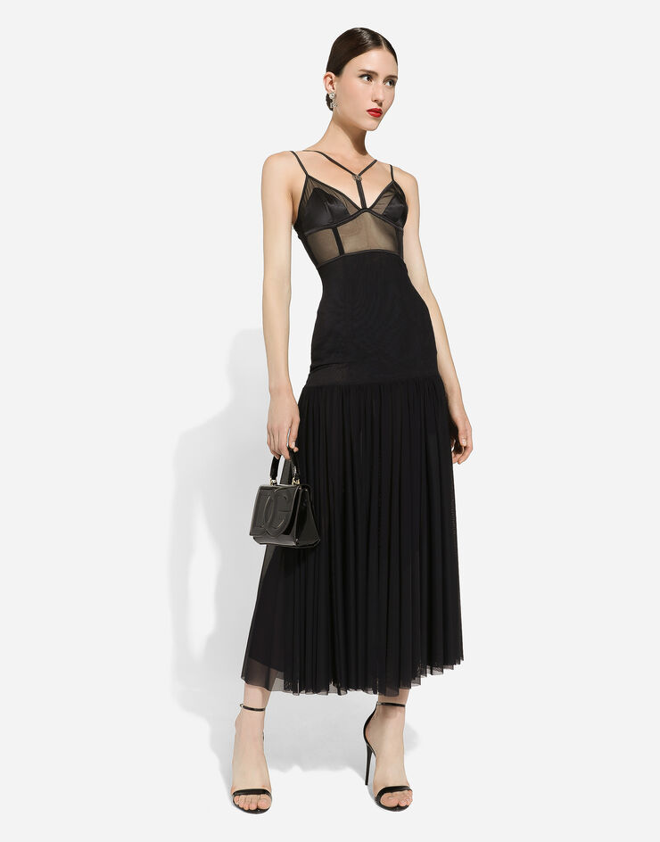 Dolce & Gabbana Vestido longuette de tul con detalles lenceros y logotipo DG Negro F6DCJTFLREY