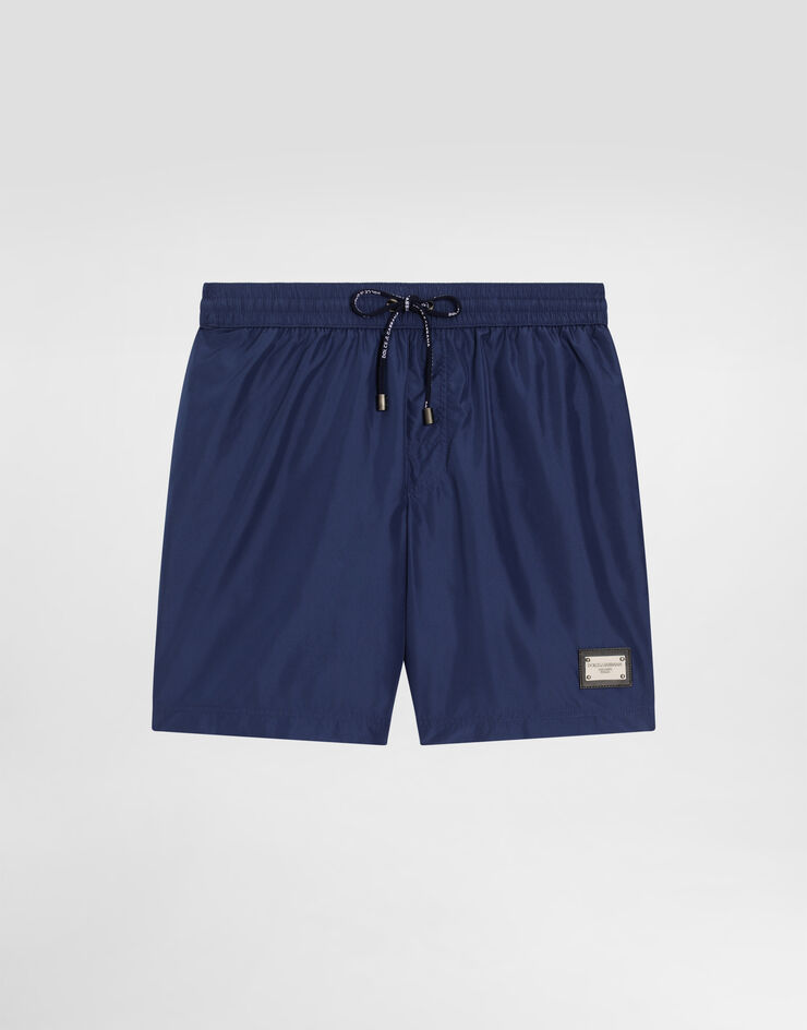 Dolce & Gabbana Mid-length swim trunks with branded plate Blue M4E45TFUSFW