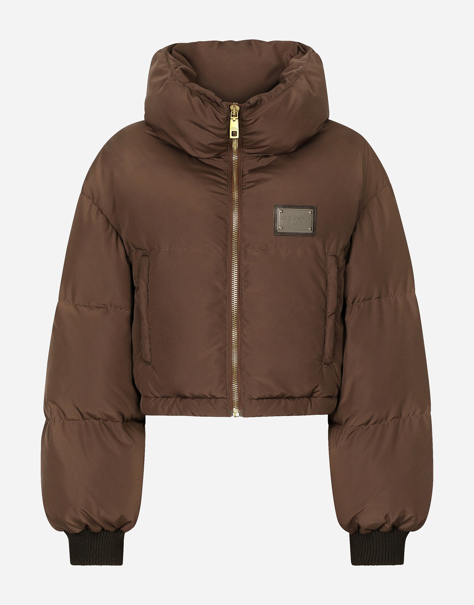 Dolce&Gabbana Short padded nylon jacket with logo tag Brown F4CPETFUWEU