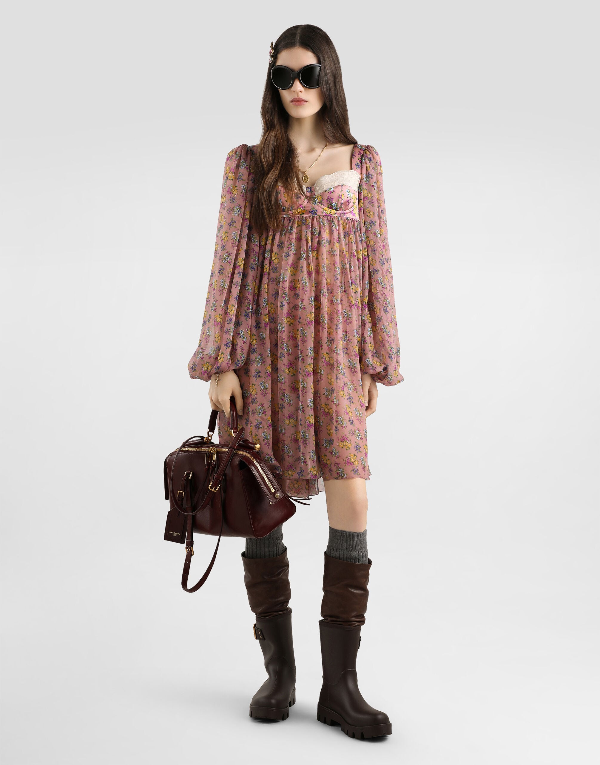 Dolce & Gabbana 2005AW ロングスエードグローブ Small floral-print chiffon dress with lace in Multicolor for Women