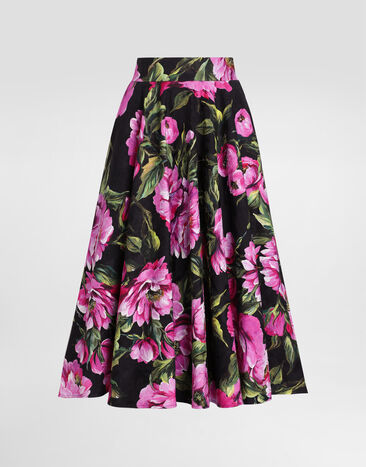 Dolce & Gabbana Longuette-Tellerrock aus Baumwolle Pfingstrosen-Print Drucken F4C2ITFSFN9