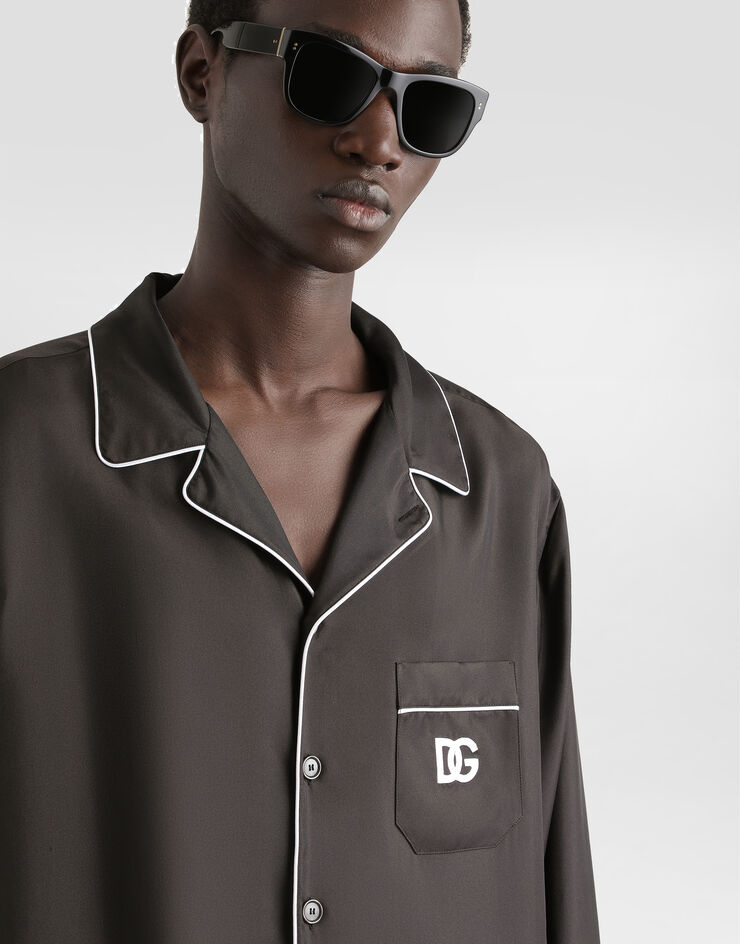 Dolce & Gabbana Silk shirt with DG logo-embroidered patch Black G5IF1ZGK308
