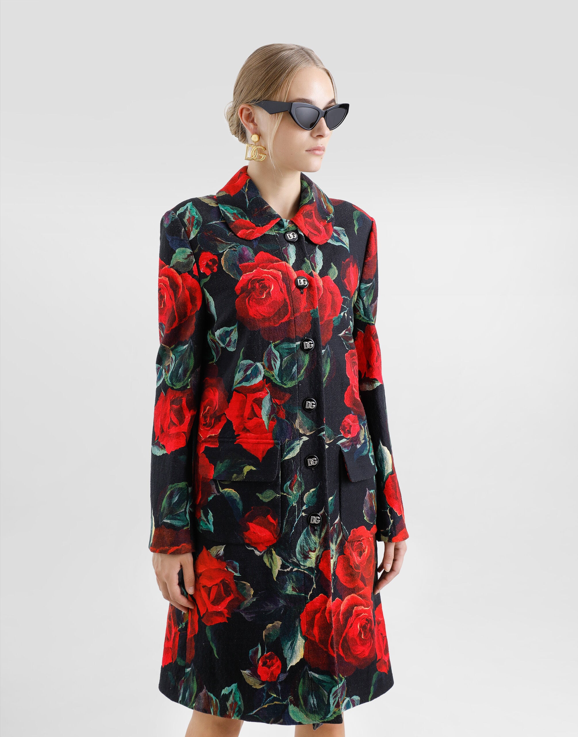 DOLCE&GABBANA 花柄刺繍 赤 コート Single-breasted rose-print cotton jacquard coat in Print for Women
