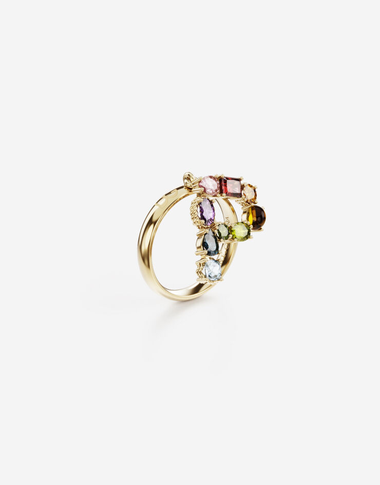 Rainbow alphabet P ring in yellow gold with multicolor fine gems