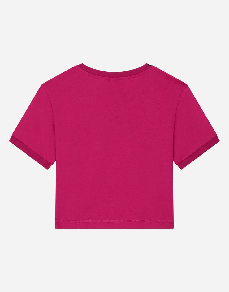 Dolce&Gabbana Jersey T-shirt with rhinestone logo Fuchsia L5JTLKG7J6P